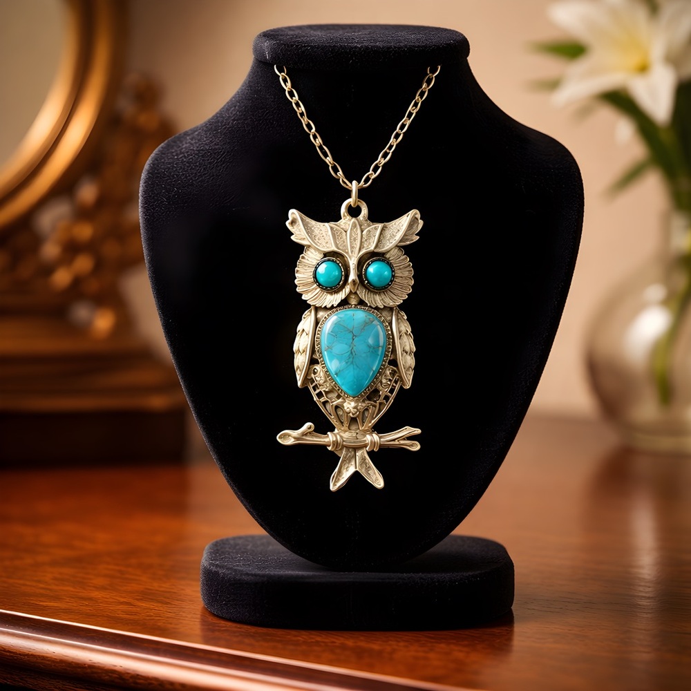 Vintage Synthetic Turquoise Owl Pendant Necklace